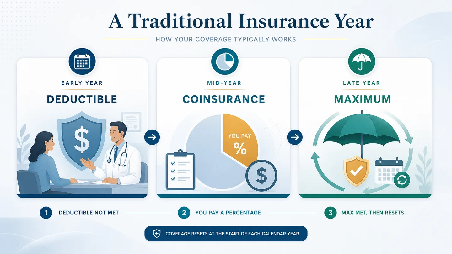 Illustration showing a traditional insurance year with deductible, coinsurance, and out-of-pocket maximum phases